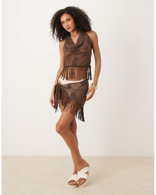 Mango Natural Tie Side Asymmetric Tassel Mini Skirt Co-ord