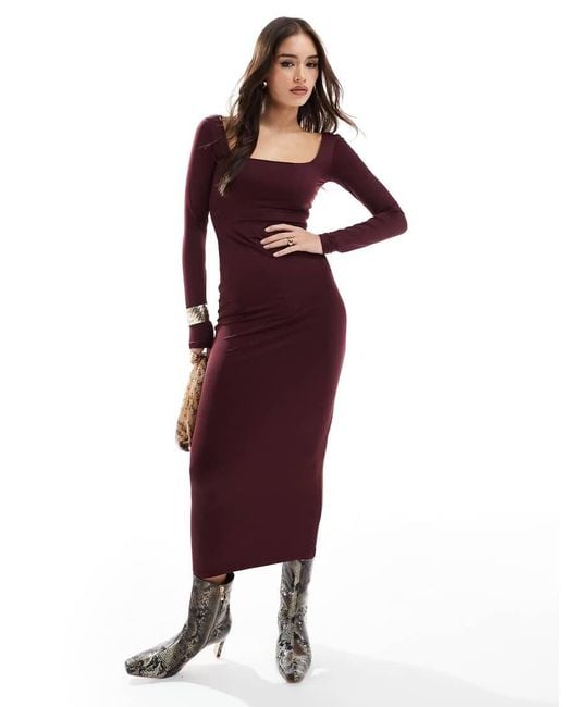 Bershka Long Sleeve Square Neck Bodycon Midaxi Dress in Red