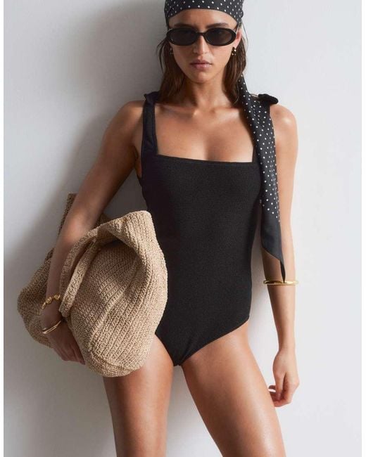 & Other Stories Black Crinkle Swimsuit With Knot Detail
