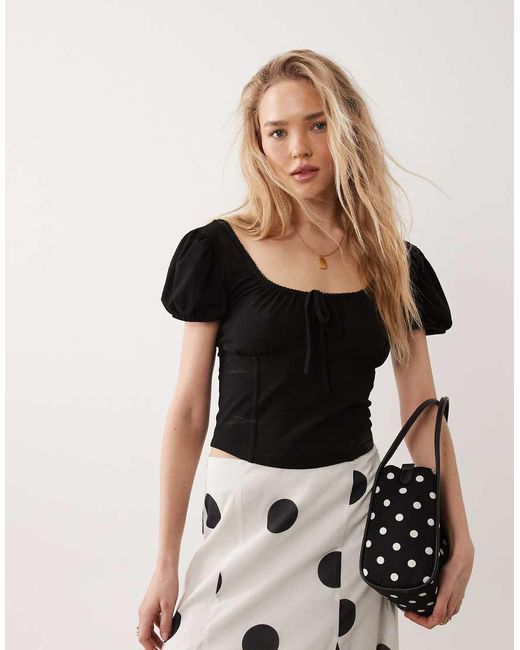 Miss Selfridge Black Puff Sleeve Milkmaid Top