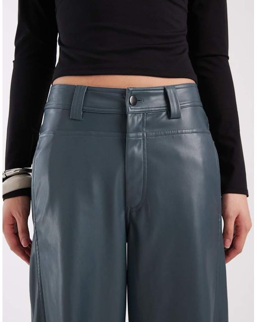 ASOS Blue Faux Leather Barrel Leg Trousers With Seam Detail