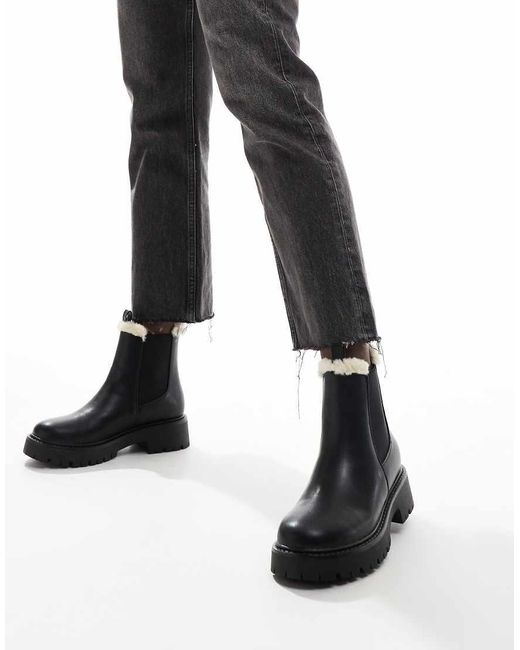 London Rebel Black Lois Faux Fur Lined Chunky Chelsea Boots