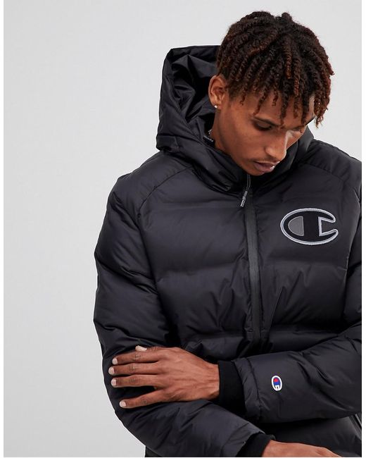 Champion Long Puffer Jacket With Logo in Black for Men | Lyst