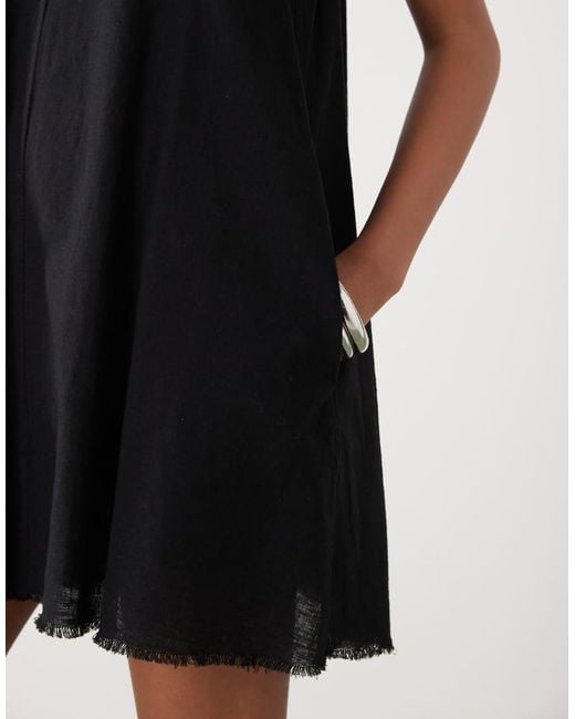 Monki Black Linen Blend Sleeveless A Line Mini Dress With Frayed Edge