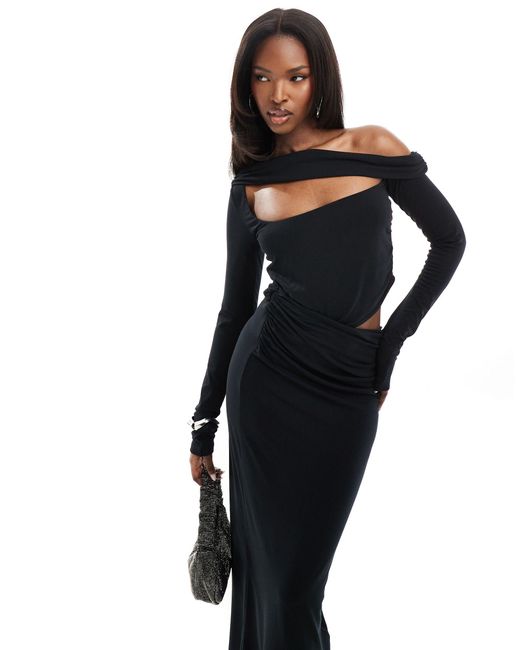 ASOS Black Long Sleeve Asymmetric Ruched Midi Dress With Cut Outs