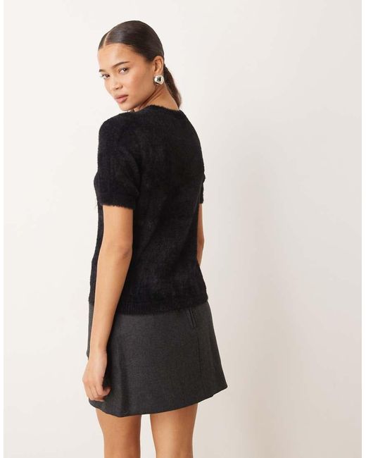 Mango Black Fluffy Short Sleeve Knitted Top