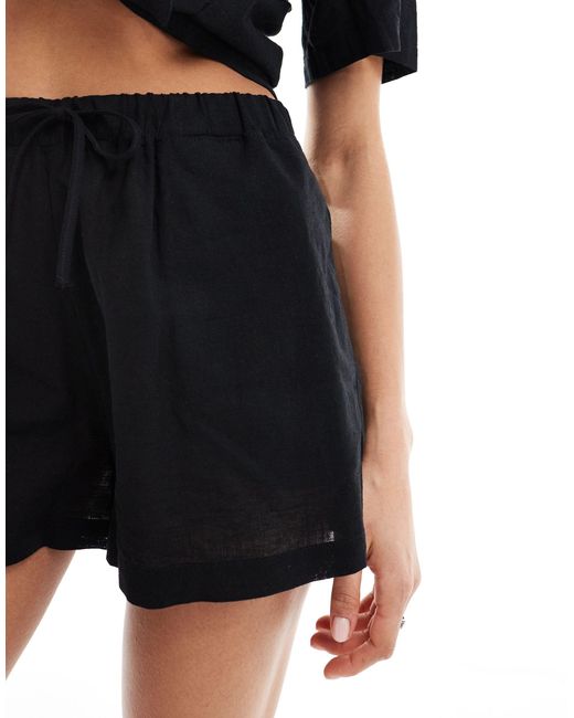 Monki Black Co-ord Drawstring Waist Linen Shorts