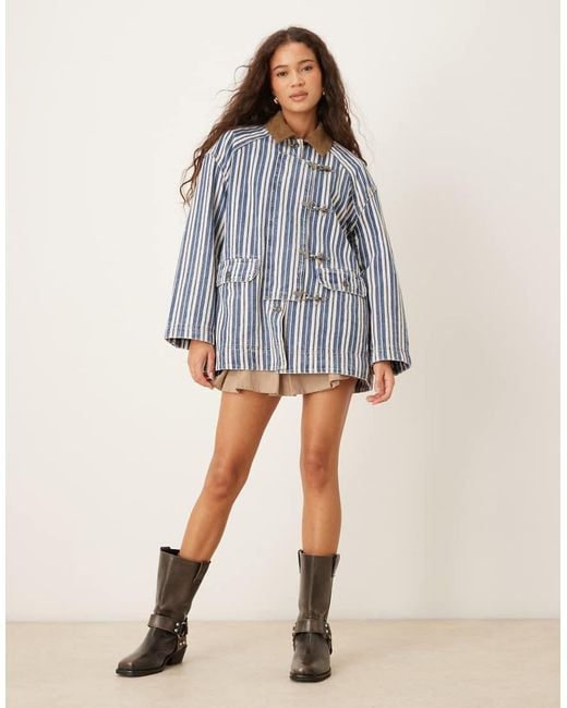 Free People Blue Striped Denim Barn Jacket