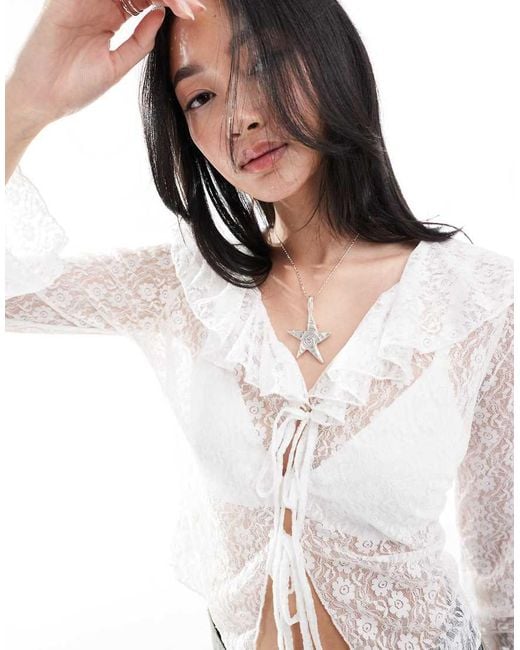 Daisy Street White Frill Front Vintage Lace Blouse