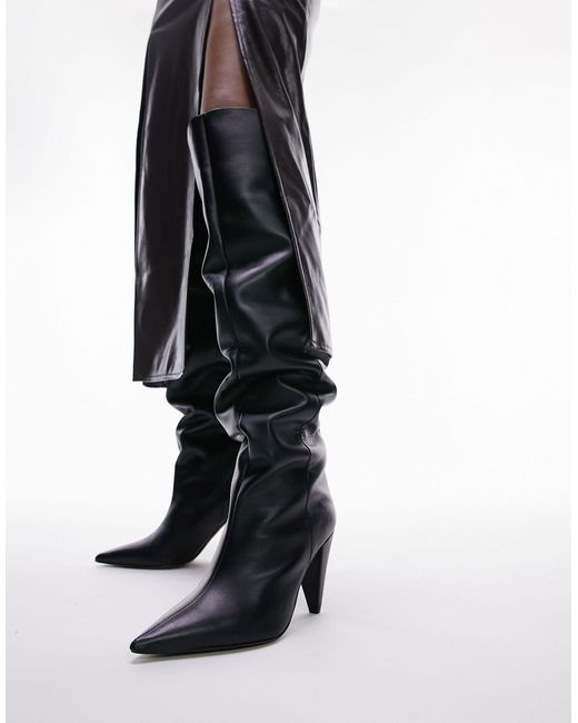 TOPSHOP Black Wide Fit Tabitha Premium Leather Cone Heel Knee High Boot