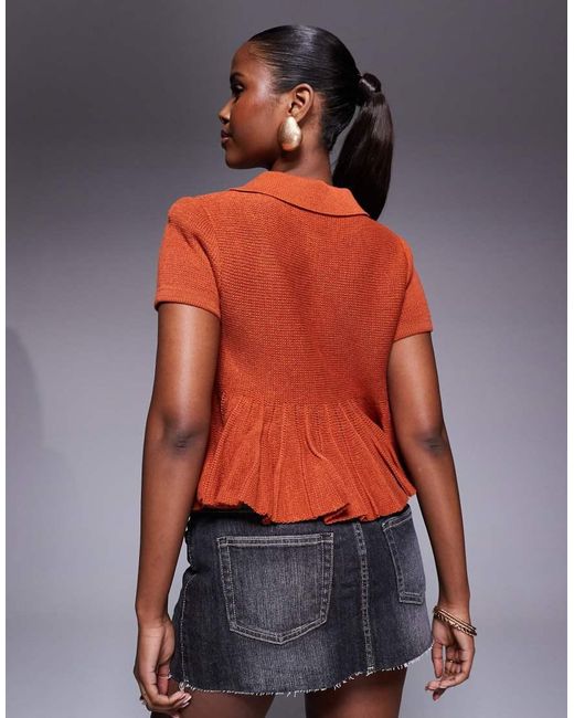 Cárdigan De Manga Corta Con Cuello Redondo Y Sobrefalda En El Bajo De -Caoba ASOS de color Orange