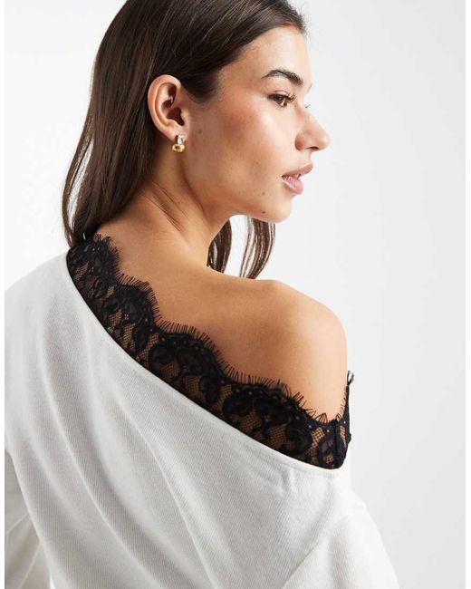 ASOS White Super Soft Fallen Shoulder Lace Hem Top