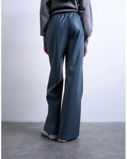 TOPSHOP Blue Faux Leather Wide Leg Sweatpants With Pinseam Detail