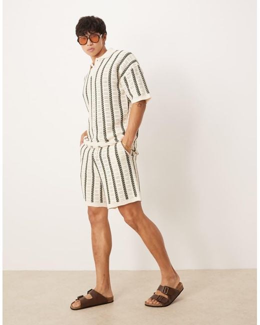 ASOS Natural Crochet Knitted Shorts With Stripe Pattern Co-ord for men