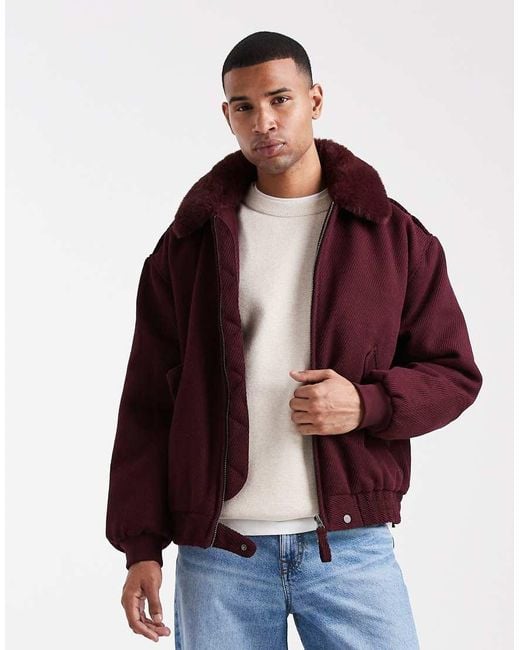 Giacca Bomber Effetto Lana Bordeaux Con Colletto di ASOS in Red da Uomo