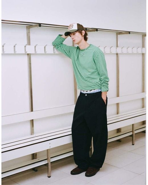 Pull&Bear Green Striped Stwd T-shirt for men