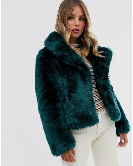 Forever New Green Short Faux Fur Coat