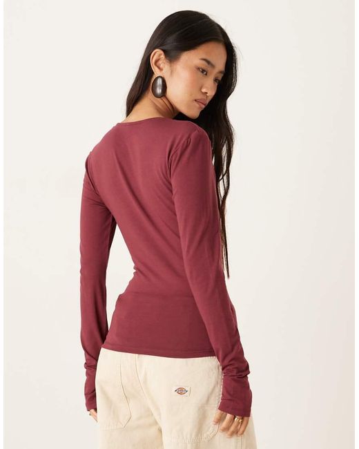 Gina Tricot Red Long Sleeve V Neck Top