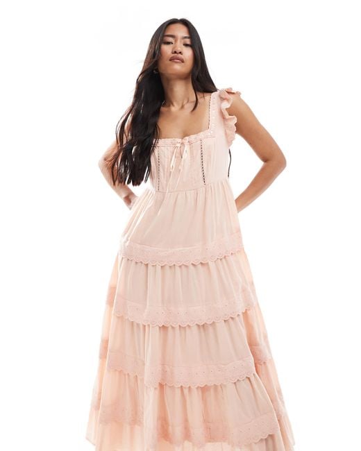 Miss Selfridge Pink Lace Broderie Trim Babydoll Maxi Dress