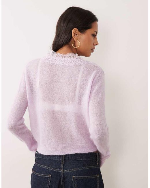 Miss Selfridge Purple Wool And Mohair Lace Trim Fine Gauge Cardigan