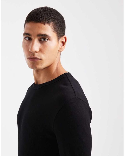 New Look Black Long Sleeve Muscle Fit Ribbed T-shirt for men