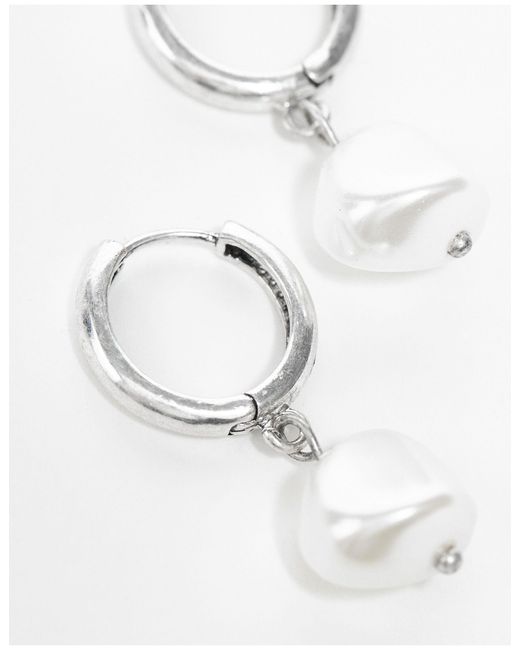 Reclaimed (vintage) White Unisex huggie Hoops With Pearls