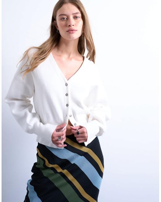 TOPSHOP White Knitted V Neck Longline Clean Cinch Waist Cardigan