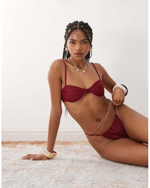 Miss Selfridge Red Mix And Match Ruched Cup Skinny Strap Bikini Top