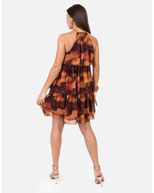 ANAYA Fire Marbel Print Halter Neck Tiered Swing Mini Dress