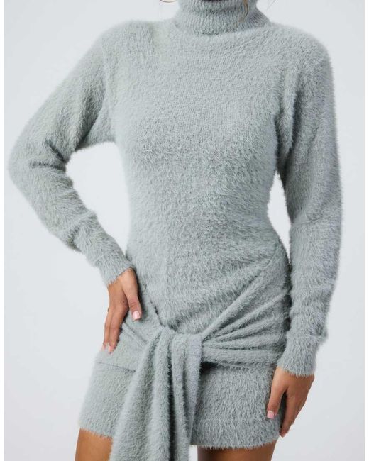 Aria Cove Gray Fluffy Knit Turtle Neck Knot Front Drape Detail Mini Dress
