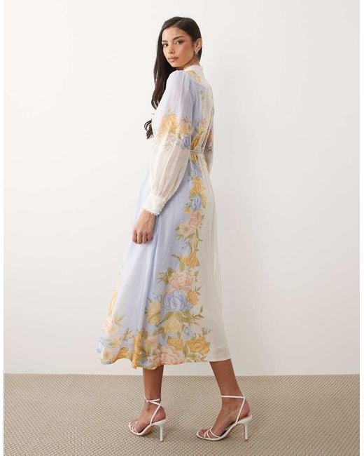 Forever New Natural Linen Look Balloon Sleeve Floral Belt Detail Midaxi Shirt Dress
