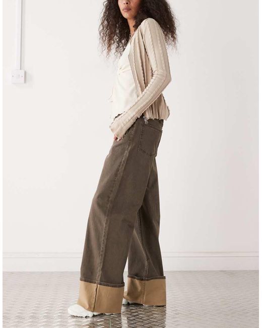 Monki Broek Van Keperstof Met Wijde Pijpen En Contrasterende Omslag in het Natural