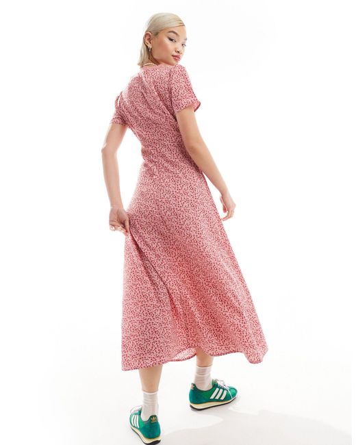 Glamorous Pink V Neck Lace Trim Midi Tea Dress