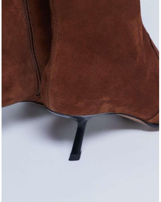 TOPSHOP Brown Sienna Premium Suede Leather Square Toe Mid Heel Boots