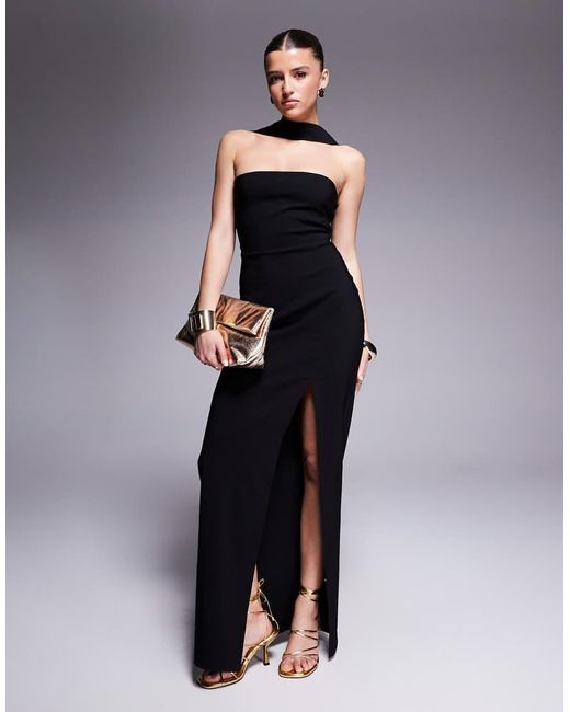 Vesper Blue Bengaline Choker Neck Detail Bandeau Side Split Maxi Dress