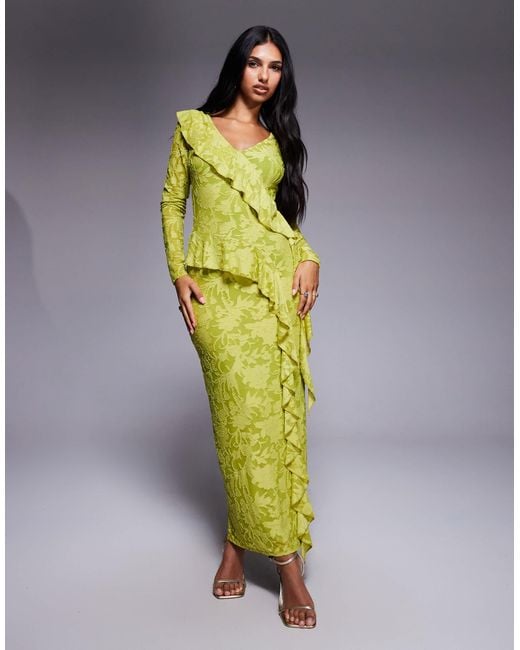 ASOS Yellow Devore Long Sleeve Ruffle Maxi Dress