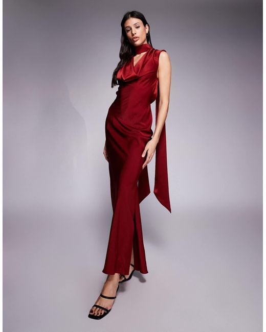 ASOS Red Asos Design Tall Satin Cowl Neck Midi Dress With Scarf Neck Ties And Twist Back