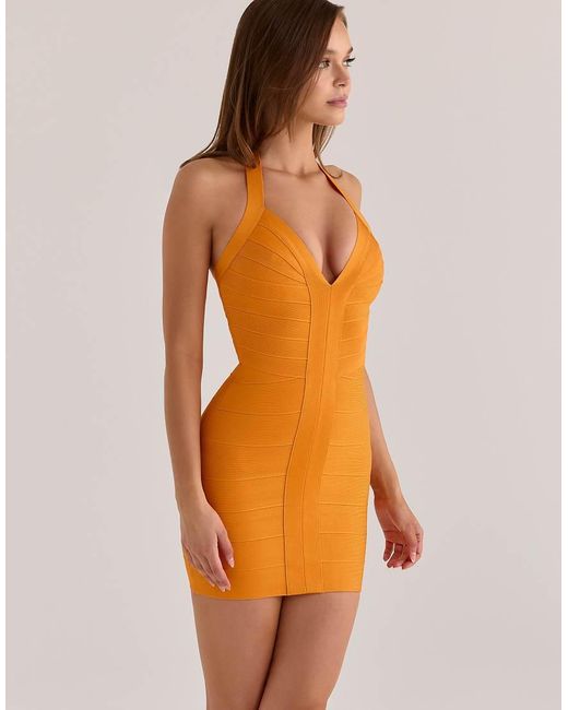 House Of Cb Orange The Contour Mango Sculpting Halter V Waist Mini Bandage Dress