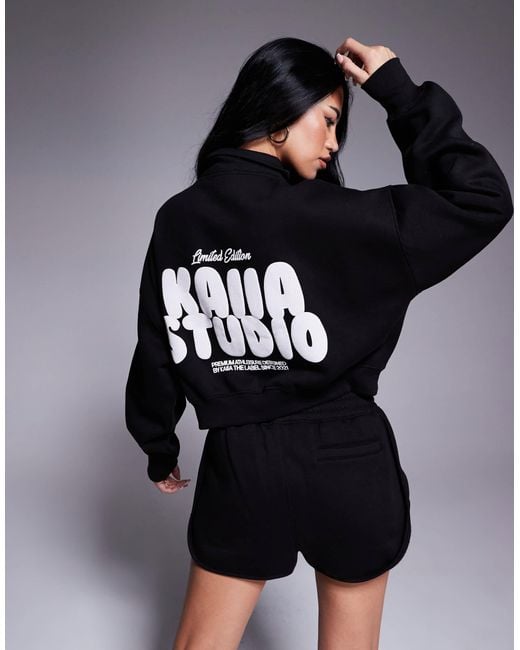 Kaiia Blue Puff Printed Logo Cropped Half Zip Hoodie Co-ord