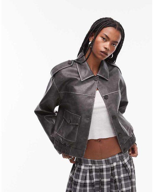 TOPSHOP Gray Faux Leather Cropped Button Thru Patch Pocket Bomber Jacket