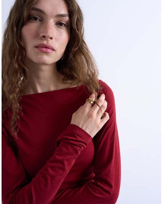 TOPSHOP Red Modal Ruched Slash Neck Long Sleeve Top