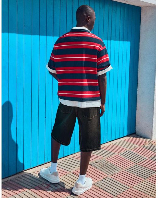 Bershka Red Baggy Denim Bermuda Shorts for men