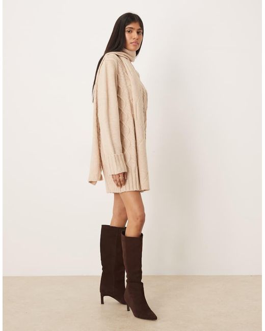 Pretty Lavish Natural Scarf Neck Cable Knit Mini Jumper Dress