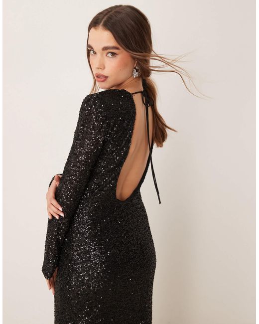 Gina Tricot Black Fluted Sleeve Sequin Maxi Dress With Open Back