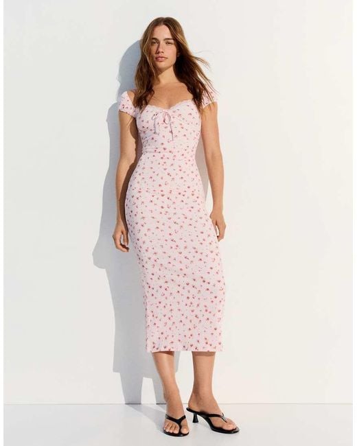 Bershka Pink Lace Crinkle Midi Dress