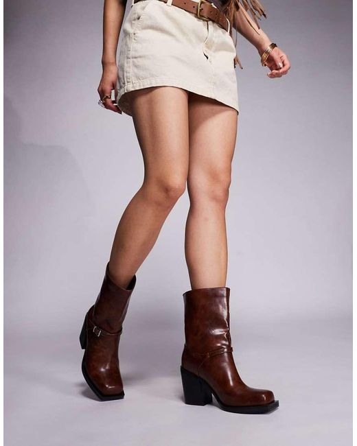 Public Desire Brown Dusty Square Toe Heeled Ankle Boots