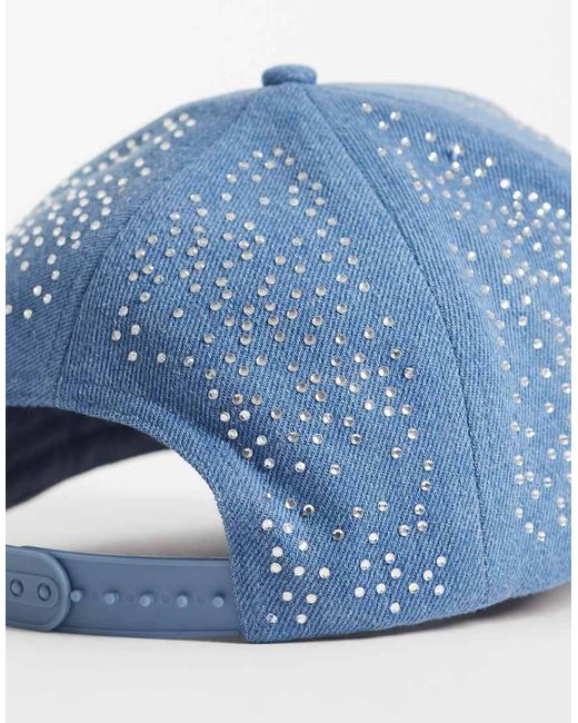 Courtside Blue Denim Embellished Cap With Logo Print