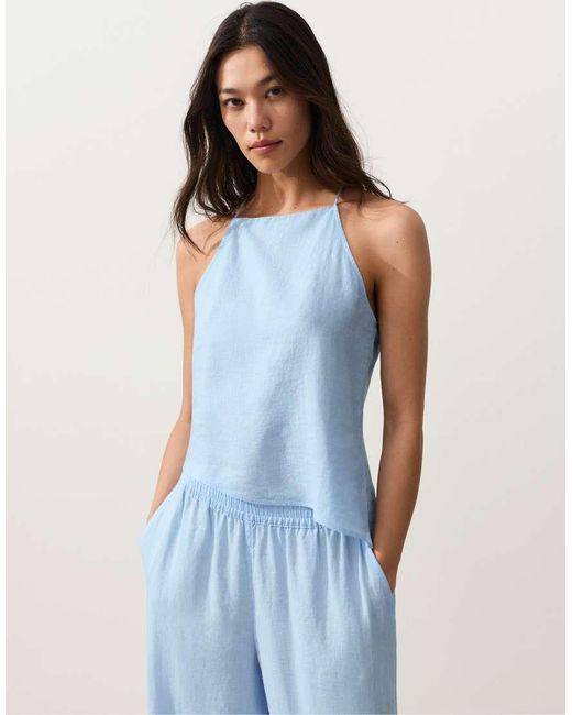 Oysho Blue Asymmetric 100% Linen Sleeveless Top