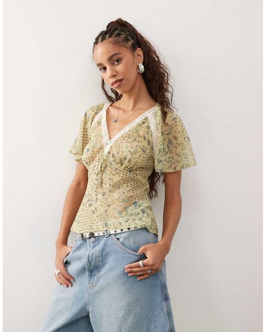 Reclaimed Vintage Blue Tea Top With Lace Trims