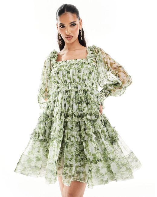 LACE & BEADS Green Sheer Sleeve Ruffle Mini Dress